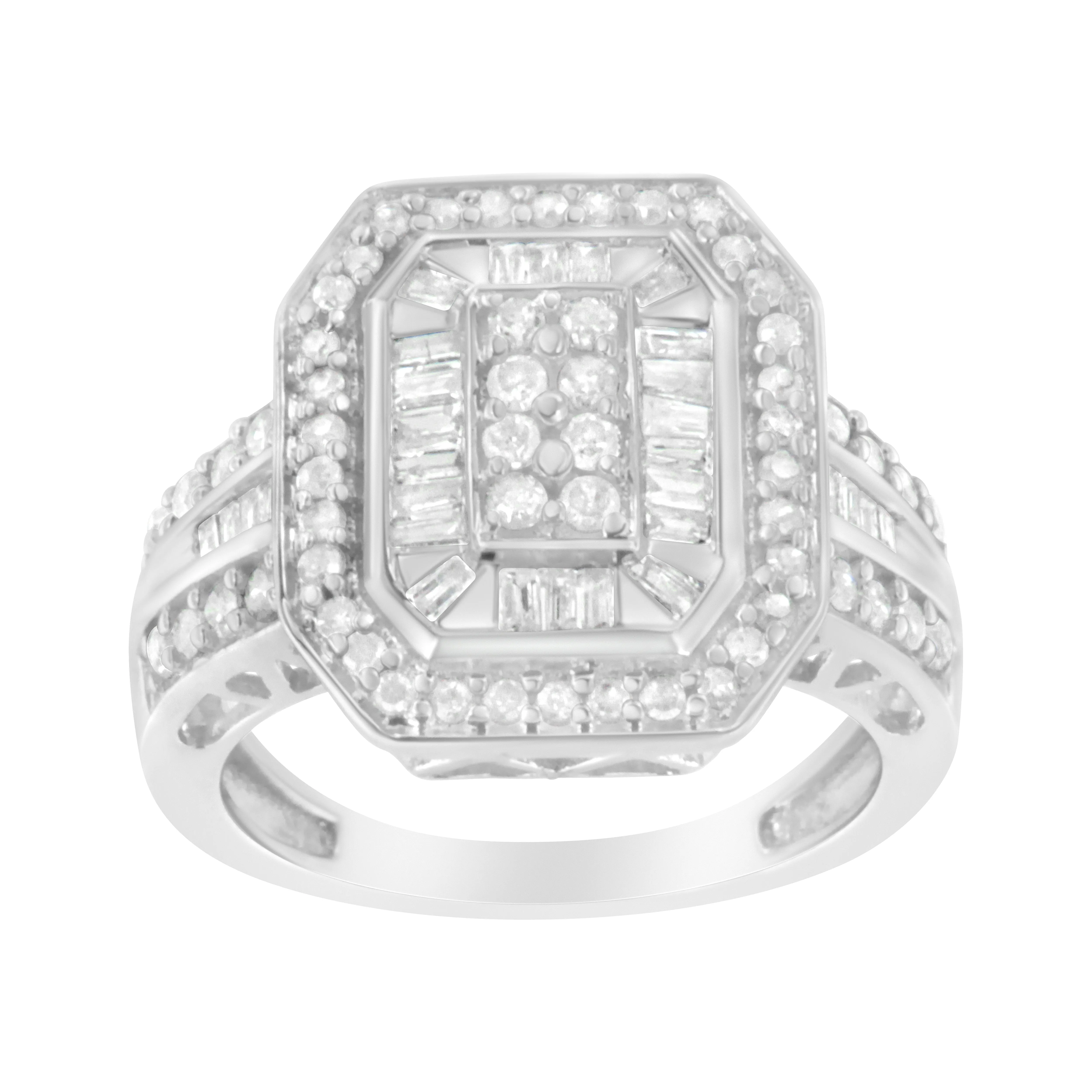 .925 Sterling Silver Round and Baguette Diamond Cathedral Ring