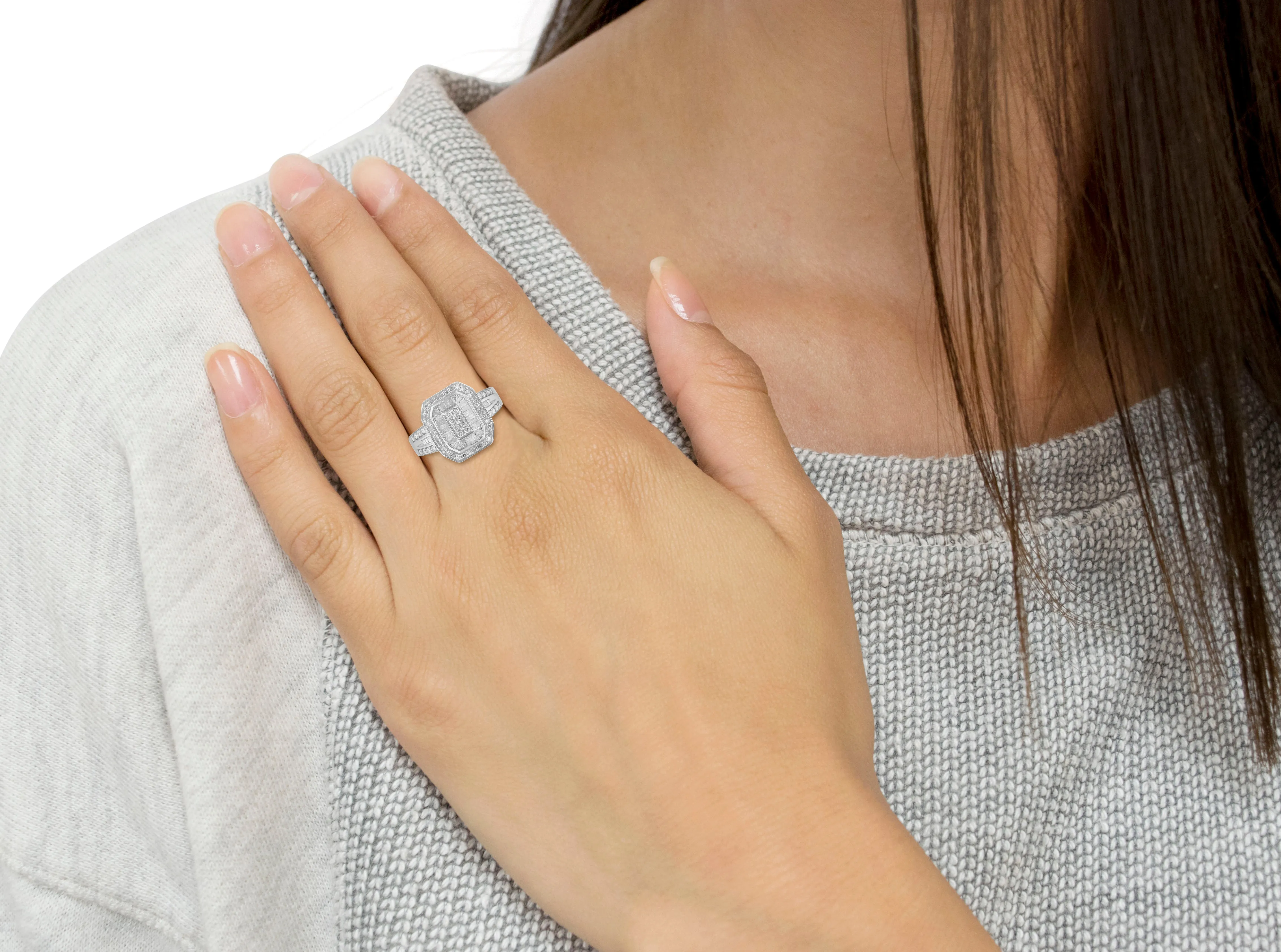 .925 Sterling Silver Round and Baguette Diamond Cathedral Ring