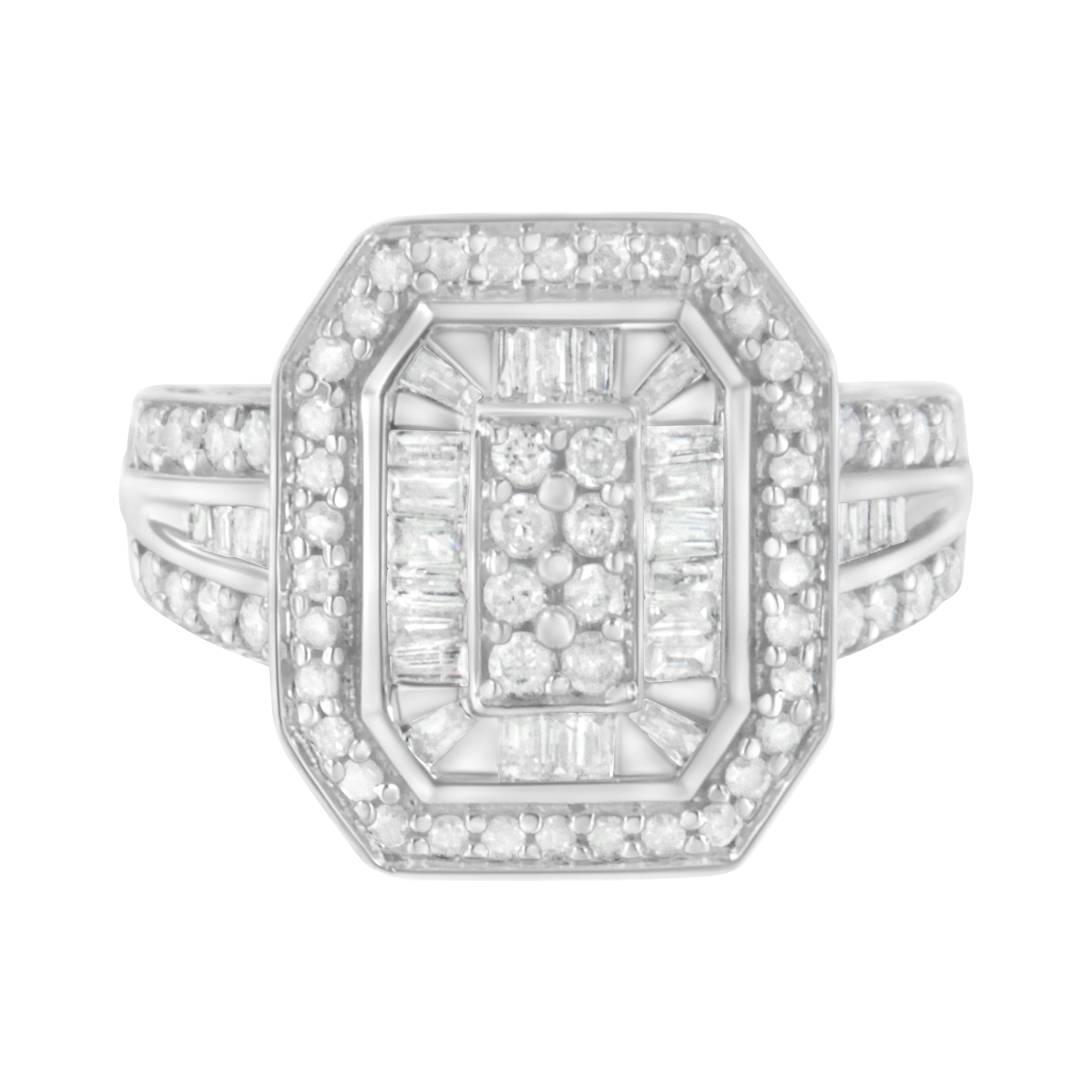 .925 Sterling Silver Round and Baguette Diamond Cathedral Ring