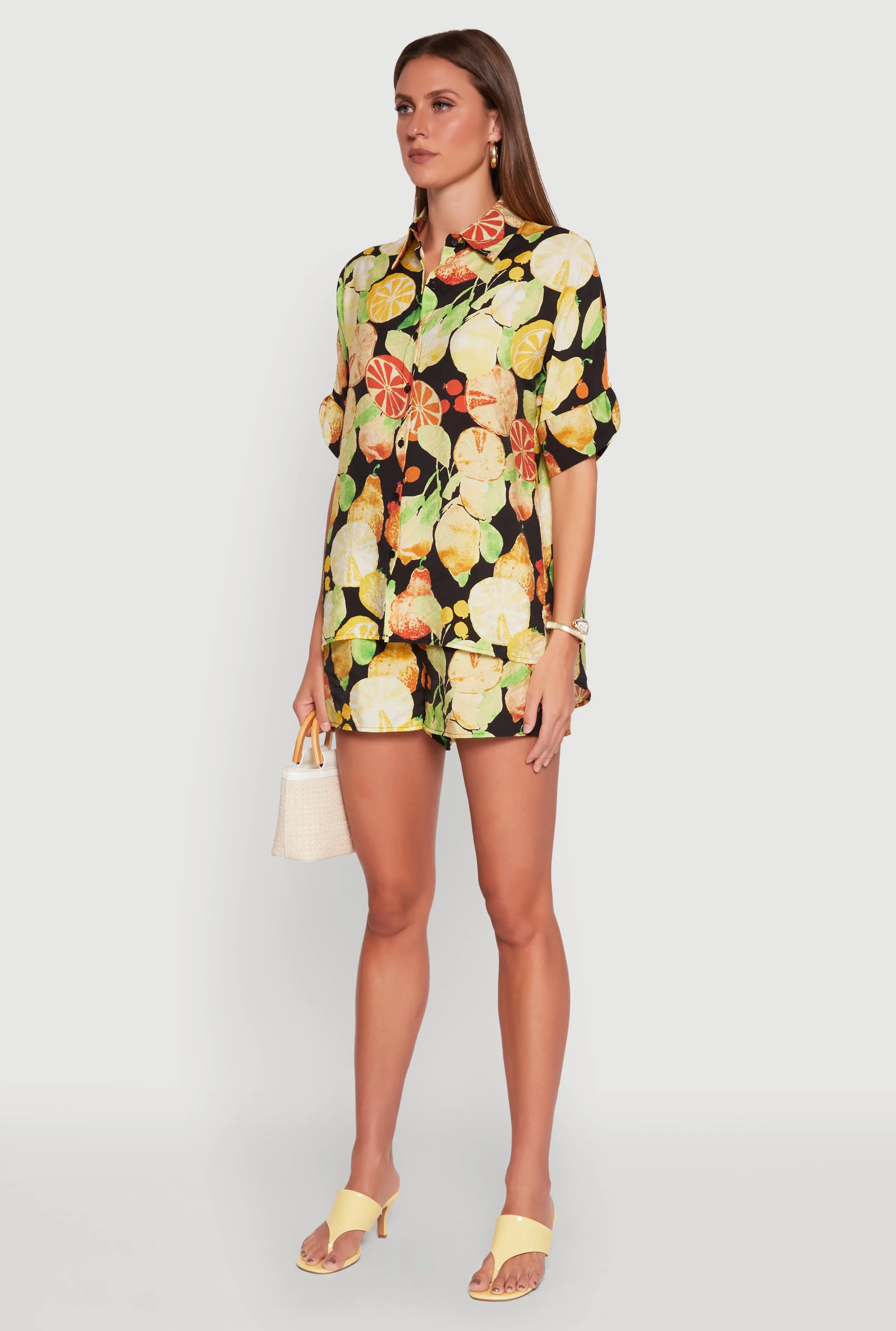 Airy Fruit Print Button Front Shirt