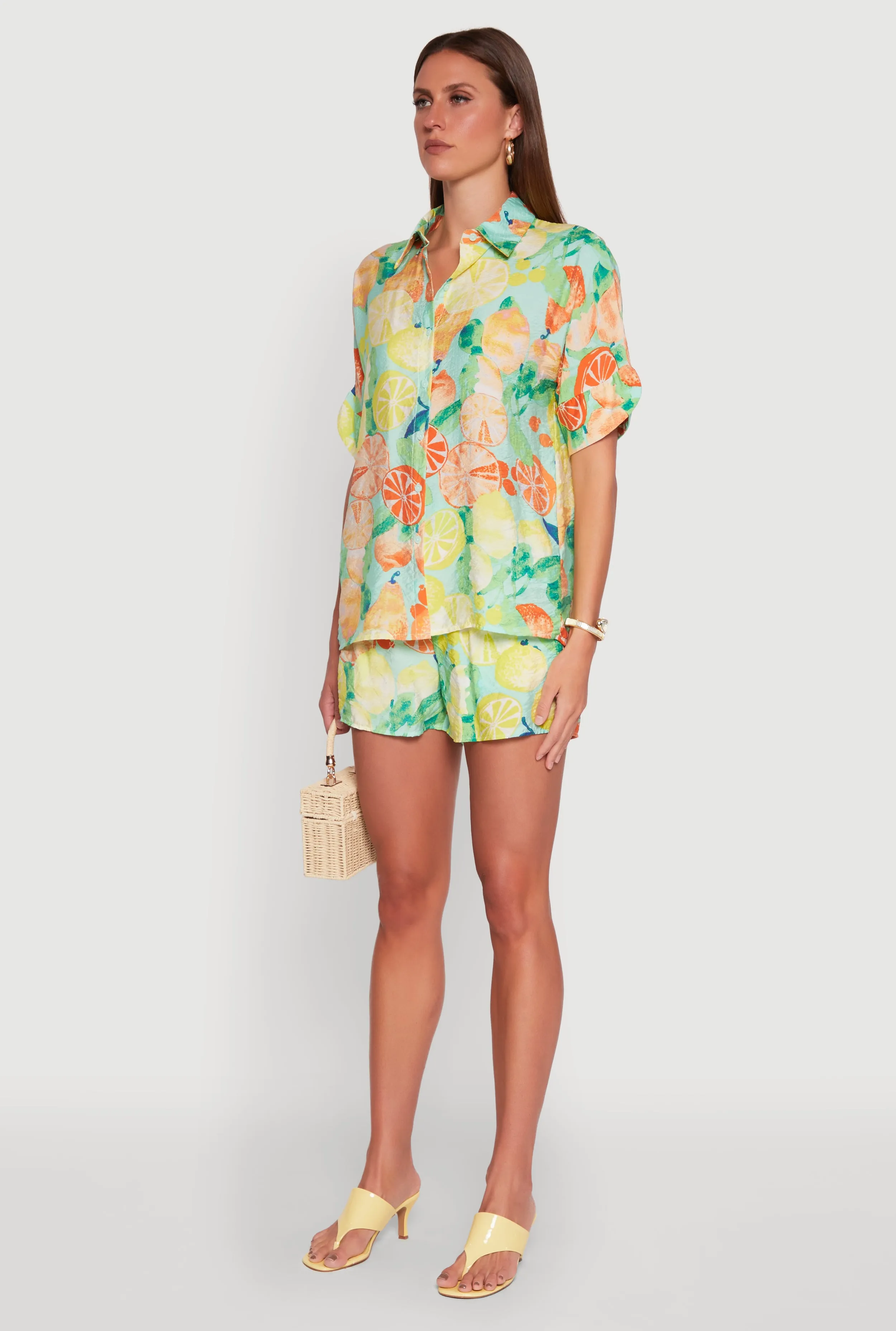 Airy Fruit Print Button Front Shirt