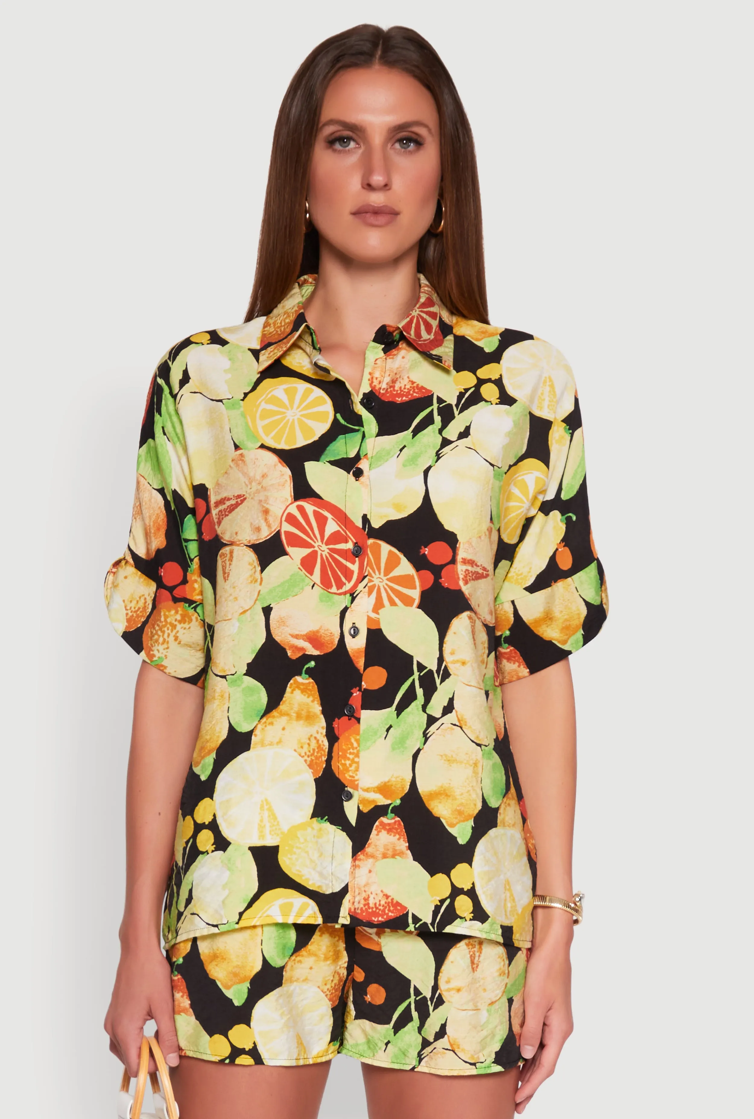 Airy Fruit Print Button Front Shirt