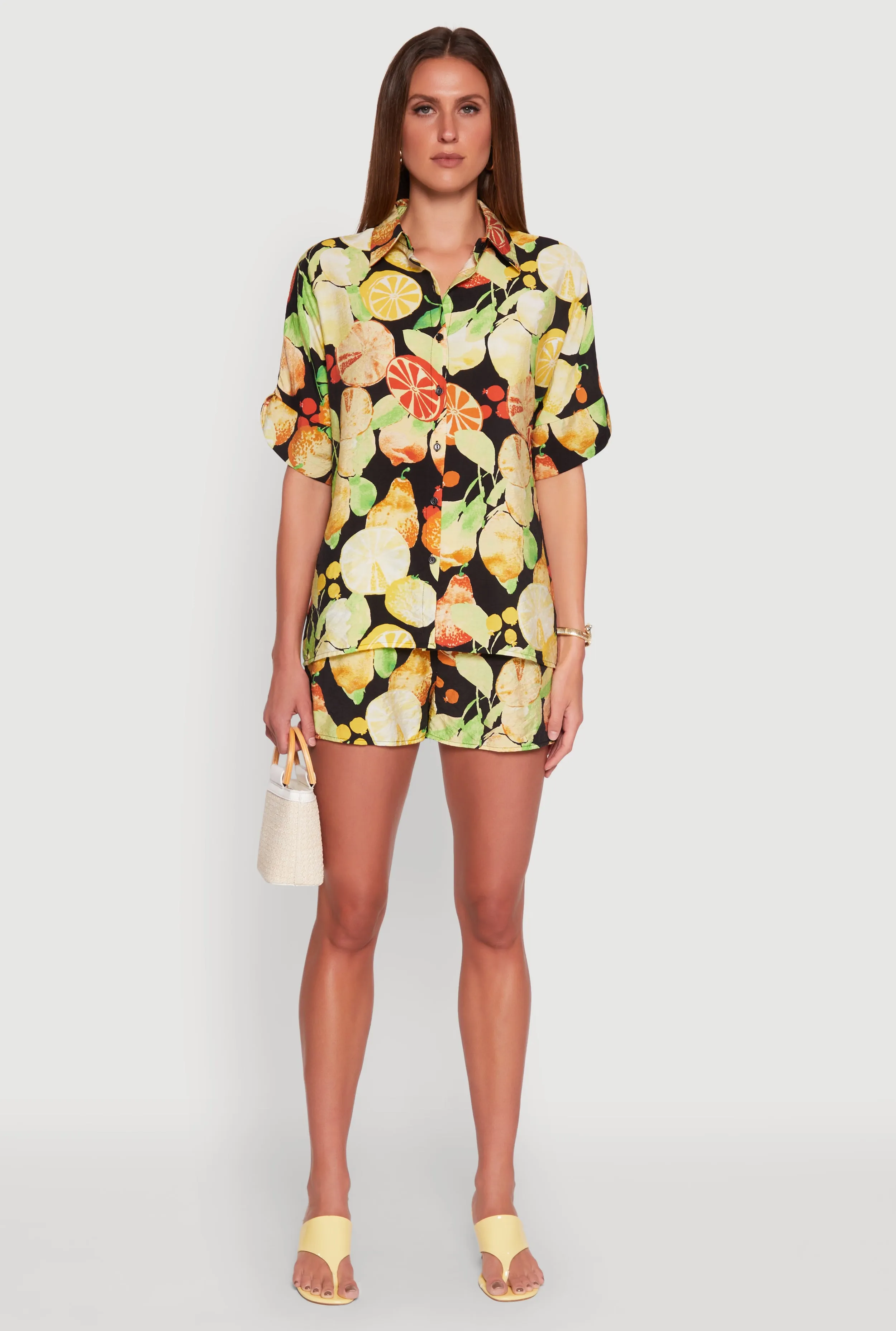 Airy Fruit Print Button Front Shirt