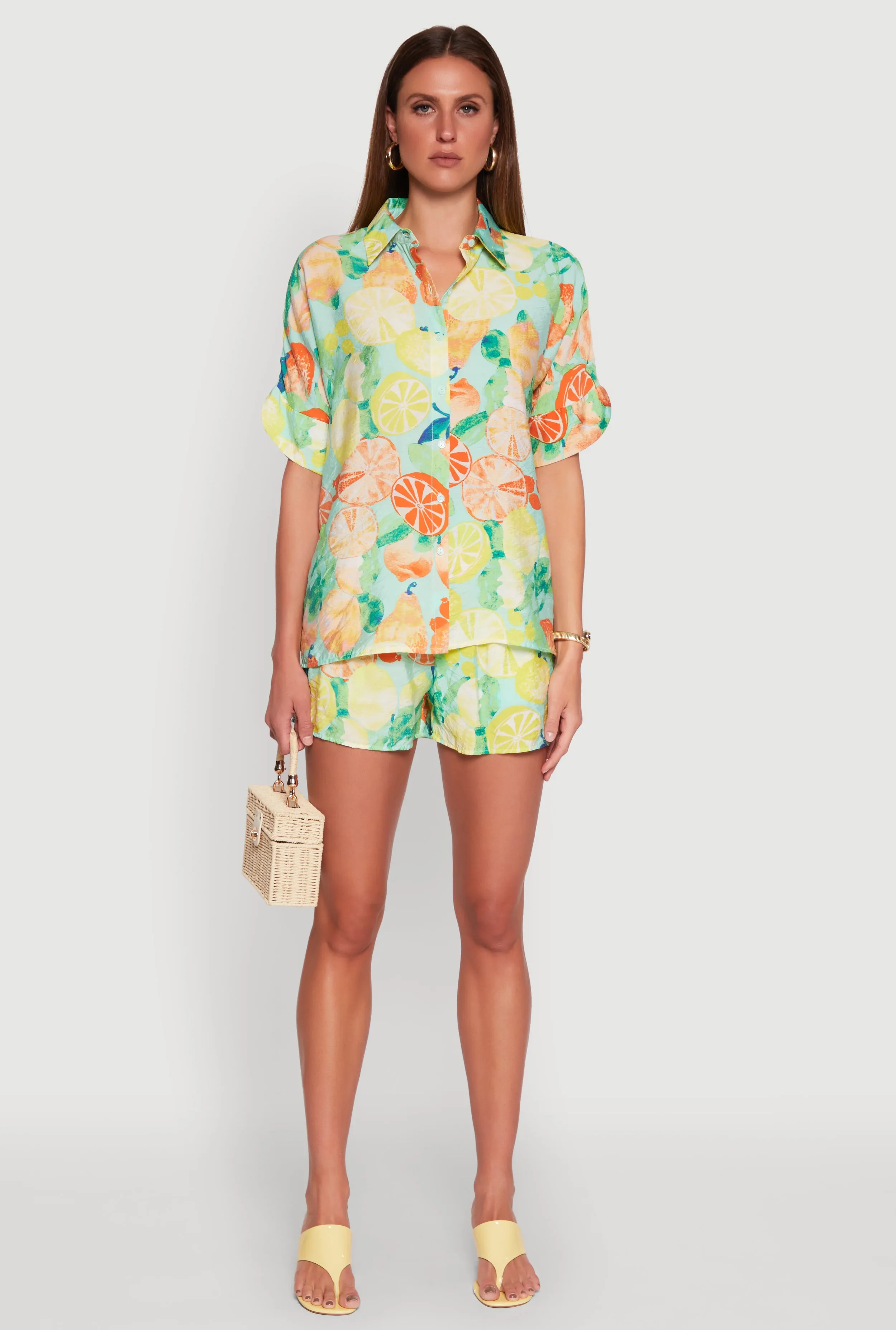 Airy Fruit Print Button Front Shirt