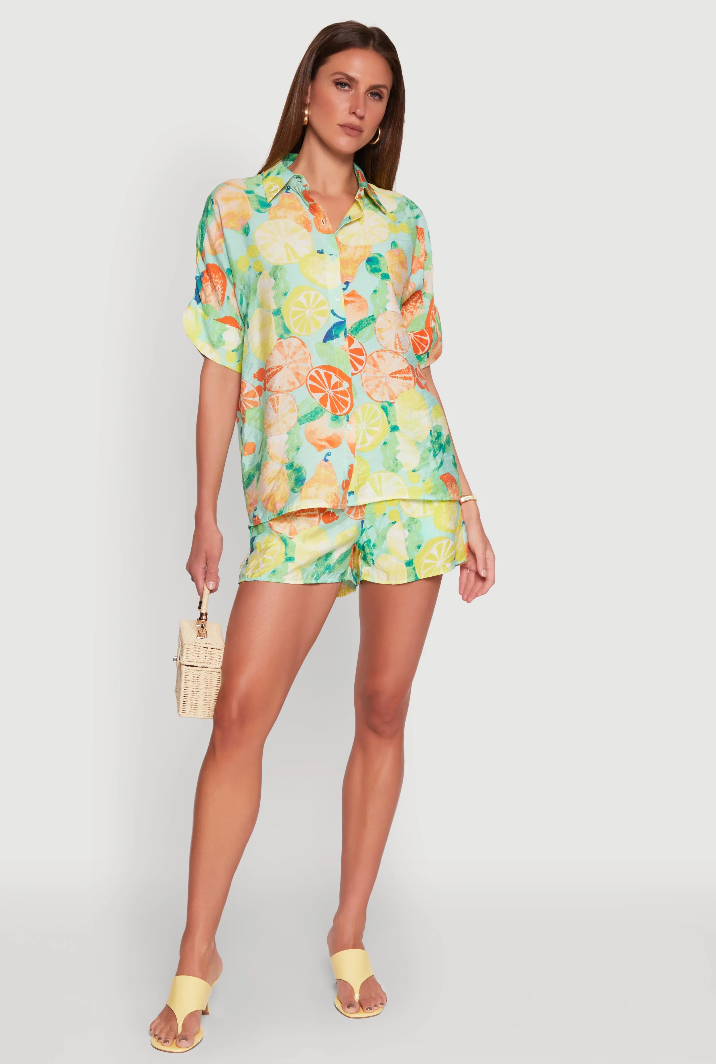Airy Fruit Print Button Front Shirt