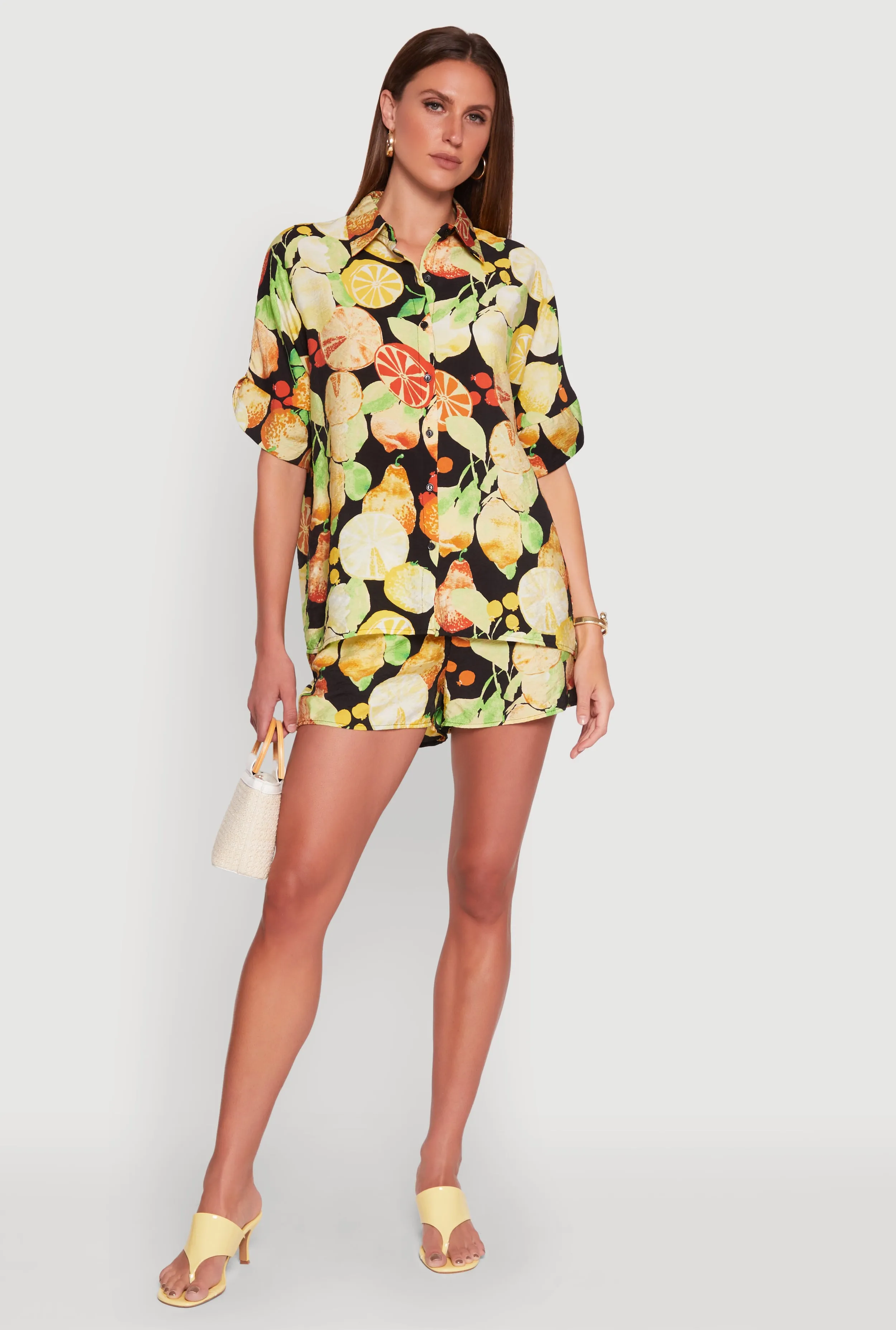 Airy Fruit Print Button Front Shirt