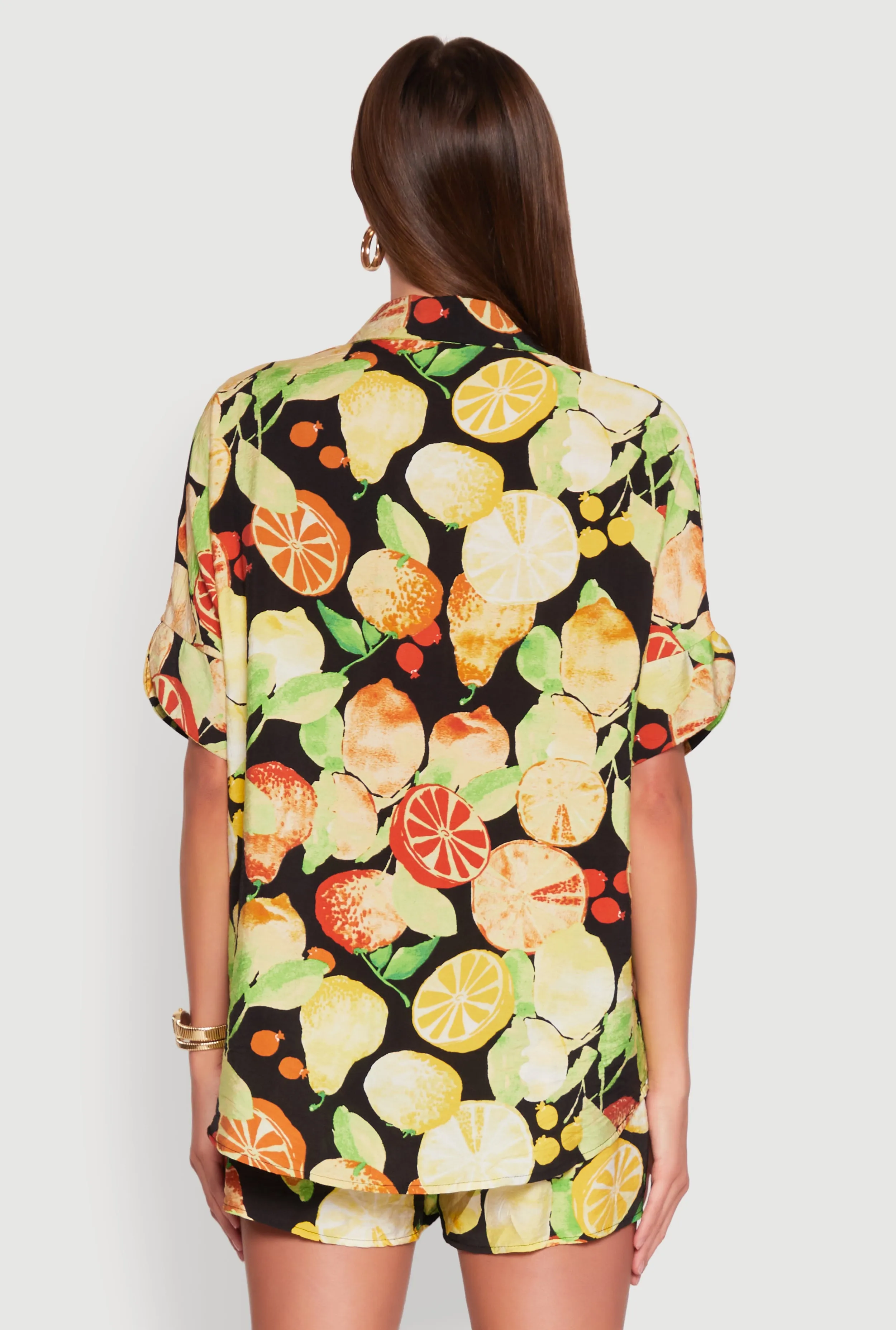 Airy Fruit Print Button Front Shirt