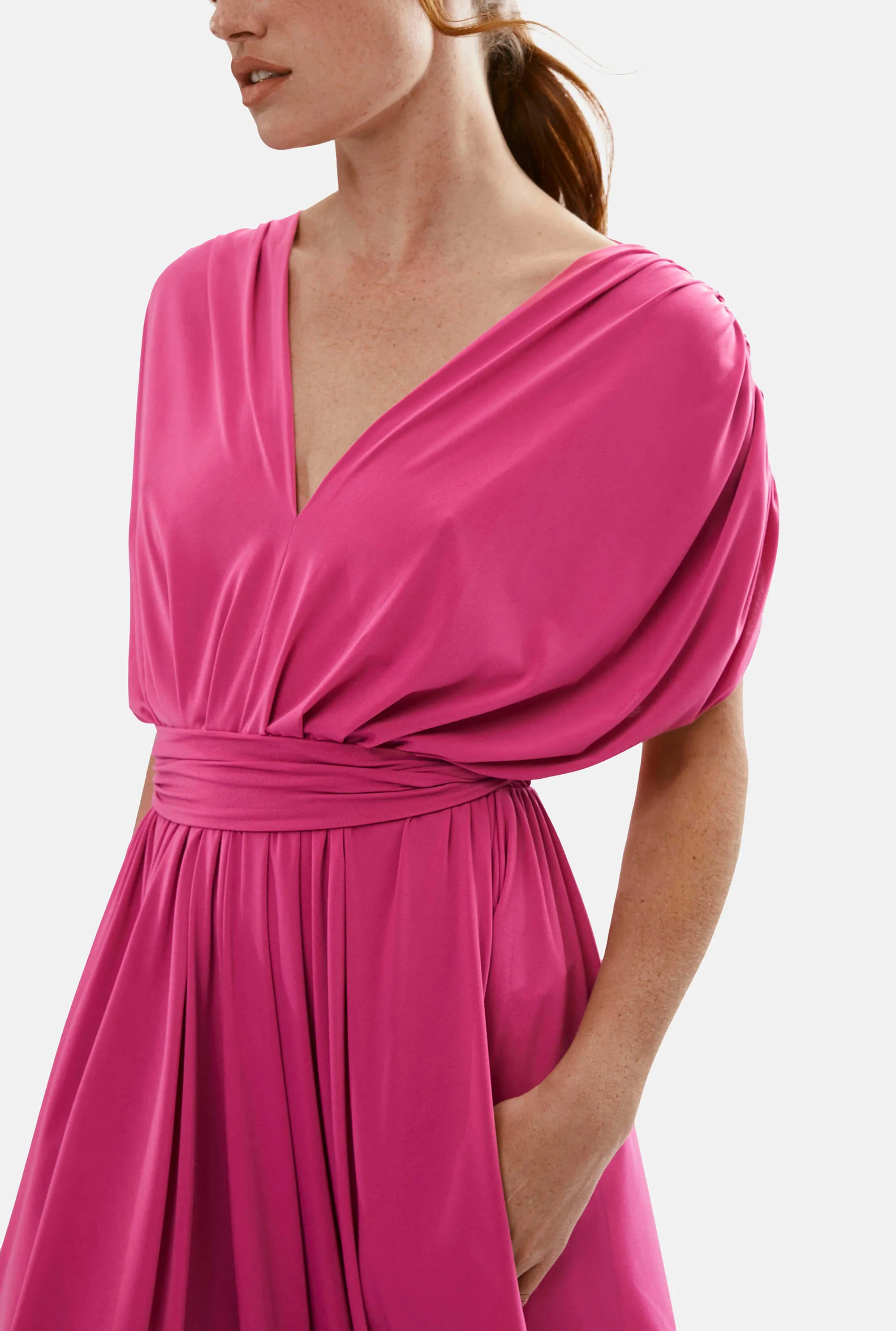 Batwing Pleated Maxi Dress Fuchsia