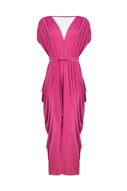 Batwing Pleated Maxi Dress Fuchsia