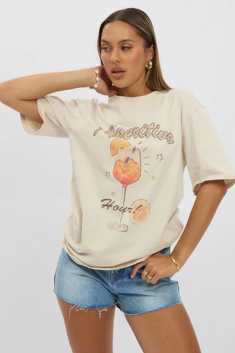Beige Graphic Tee Short Sleeve