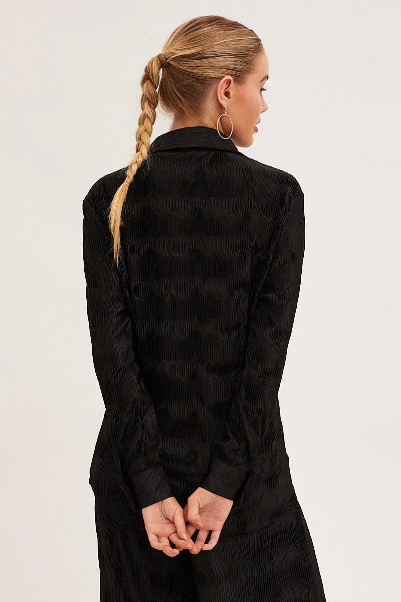 Black Plisse Shirt Long Sleeve Collared Longline