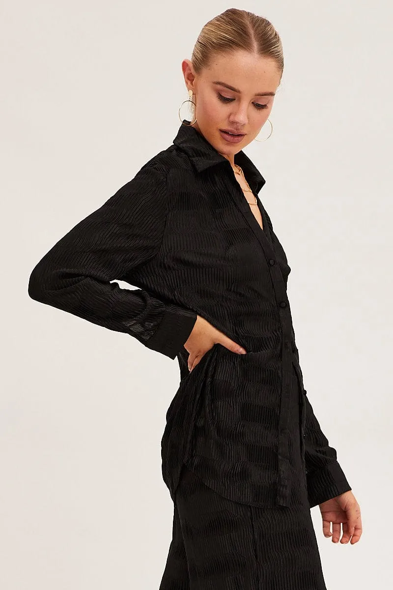 Black Plisse Shirt Long Sleeve Collared Longline