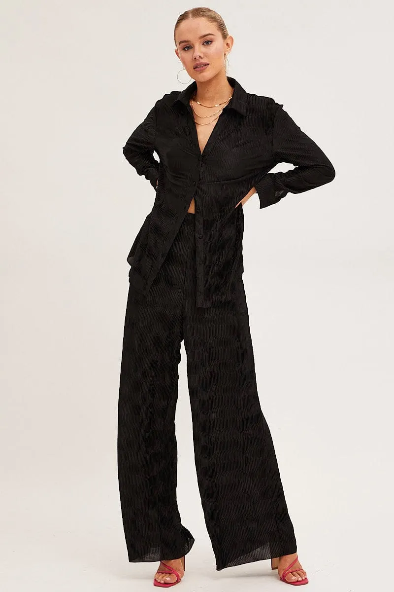 Black Plisse Shirt Long Sleeve Collared Longline