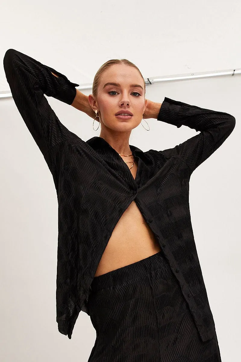 Black Plisse Shirt Long Sleeve Collared Longline