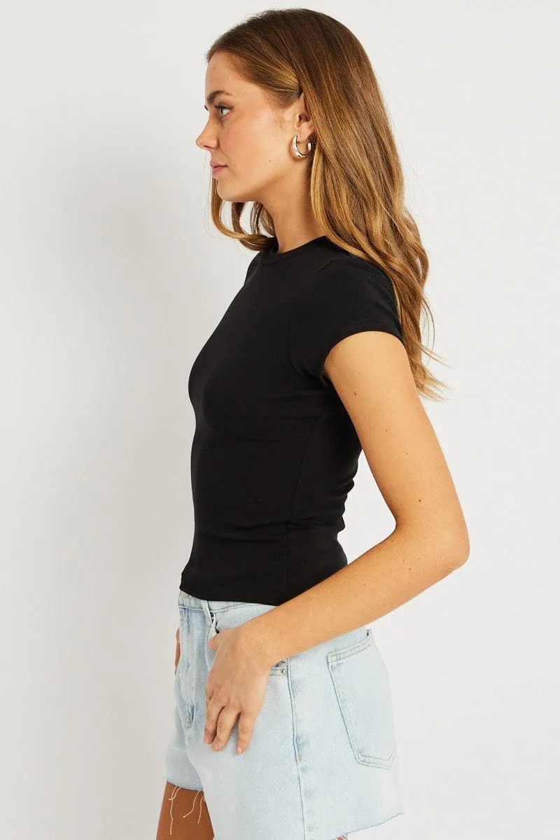 Black T Shirt Short Sleeve Crew Neck Cotton Rib