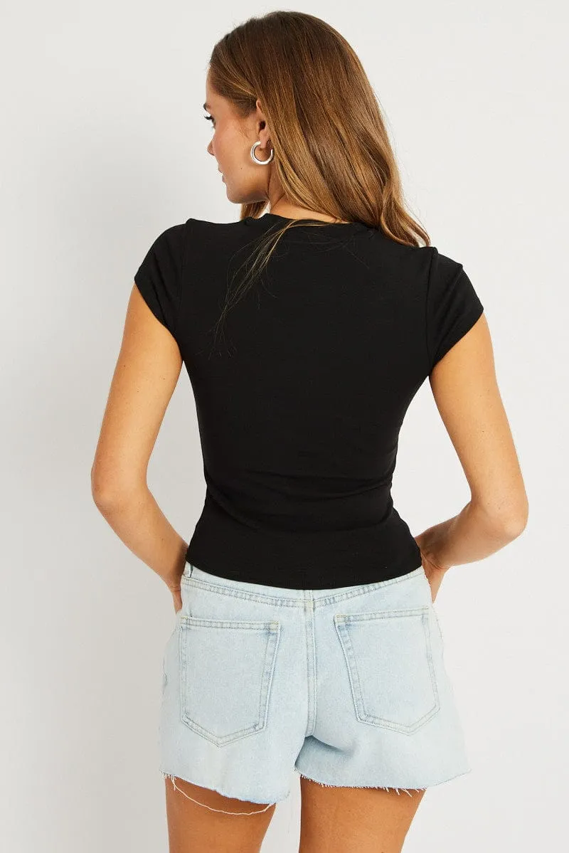 Black T Shirt Short Sleeve Crew Neck Cotton Rib