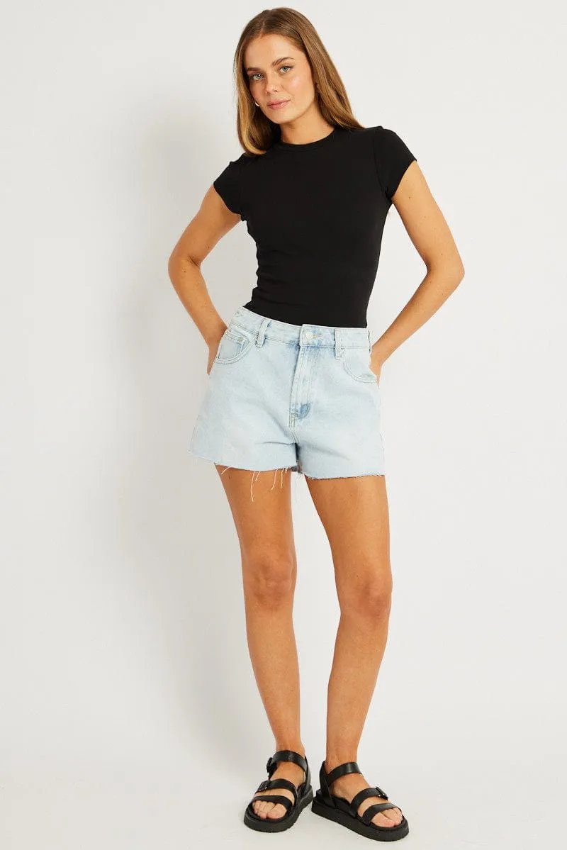 Black T Shirt Short Sleeve Crew Neck Cotton Rib