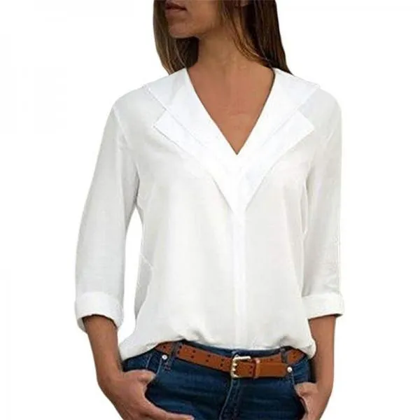 Blouse Double V-neck Women White Blouse Long Sleeve Leisure Tops
