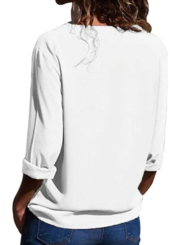 Blouse Double V-neck Women White Blouse Long Sleeve Leisure Tops