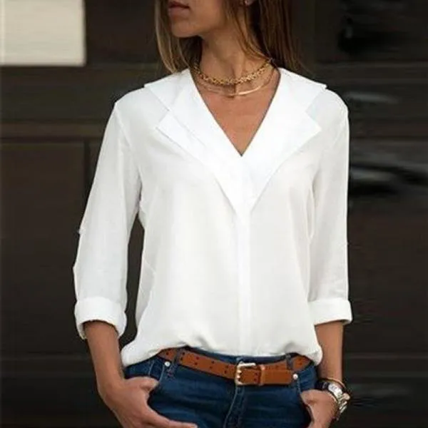Blouse Double V-neck Women White Blouse Long Sleeve Leisure Tops