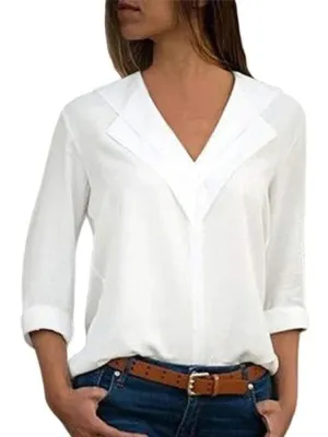 Blouse Double V-neck Women White Blouse Long Sleeve Leisure Tops