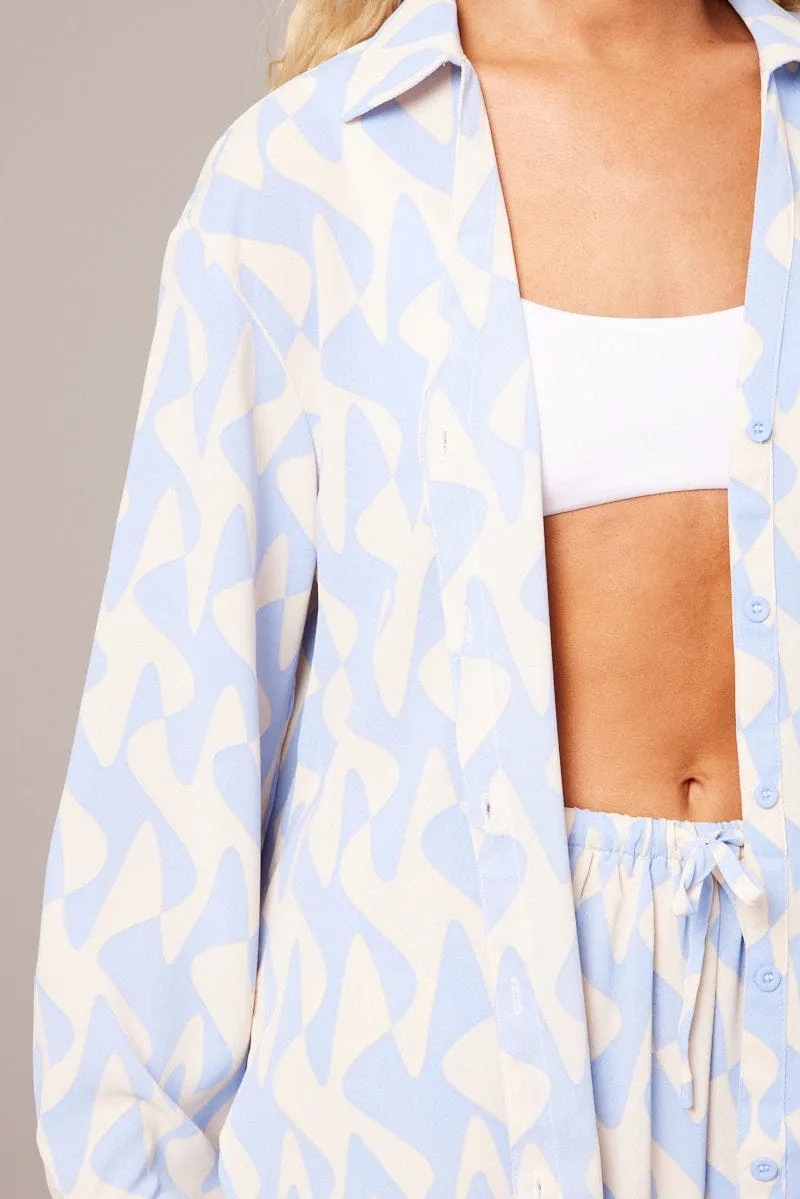 Blue Abstract Relaxed Shirt Long Sleeve