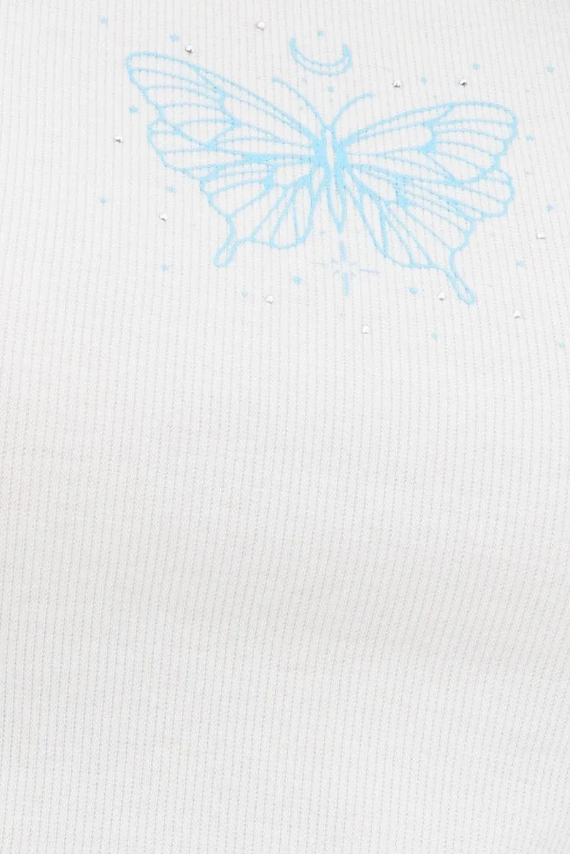 Blue Crop Top Short Sleeve Raglan Butterfly Diamantes