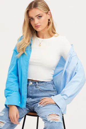 Blue Oversized Shirts Long Sleeve Collared