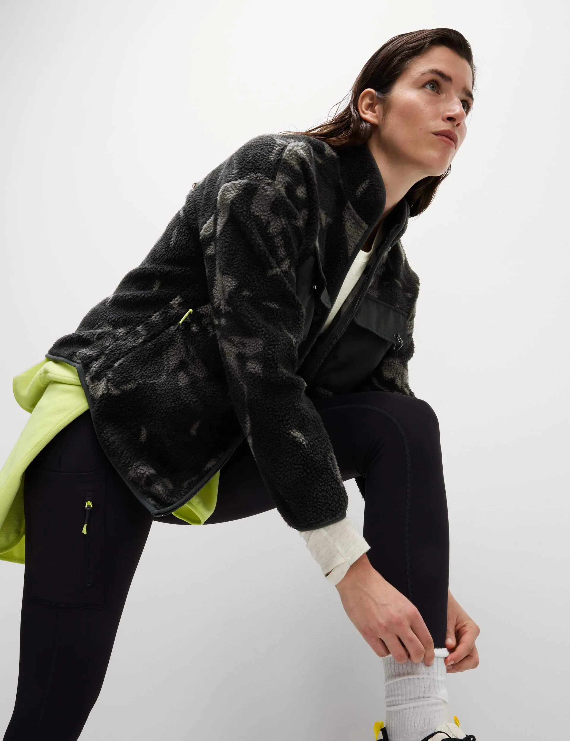 Borg Printed Funnel Neck Zip Up Fleece Jacket - Medium Grey Mix