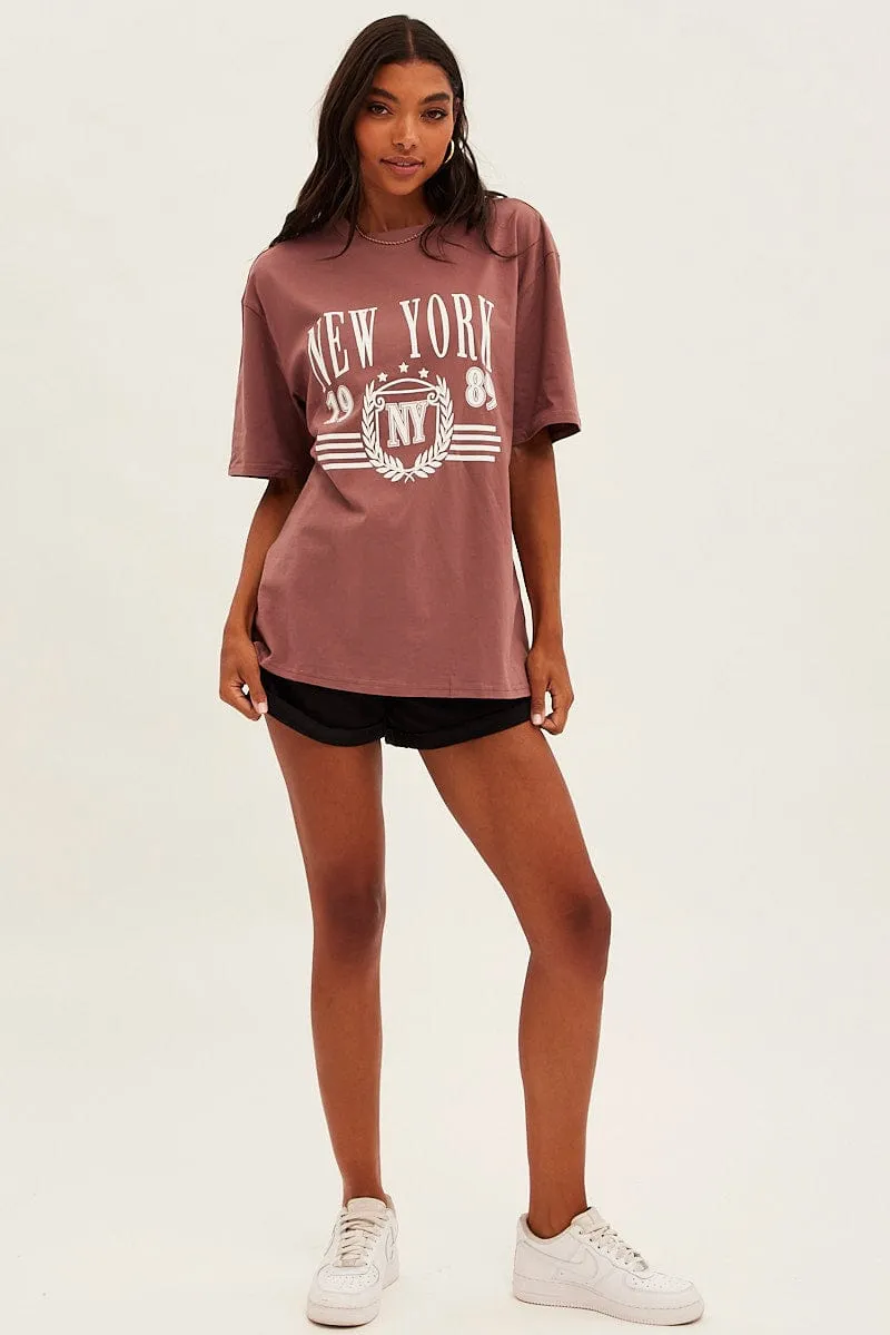 Brown T Shirt Short Sleeve Crew Neck New York Cotton