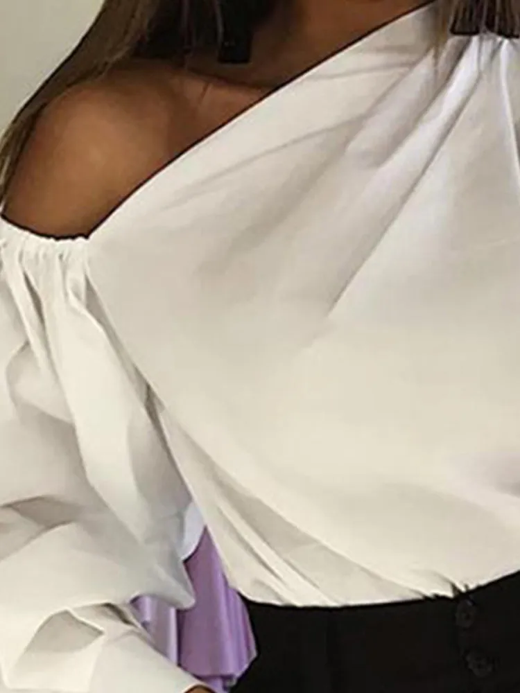 Casual Asymmetrical Shoulder Lantern Sleeve Solid Tops Shirts For Women