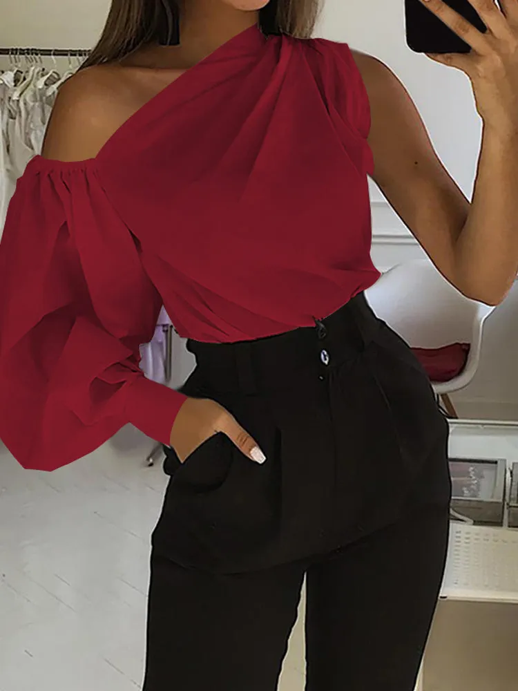 Casual Asymmetrical Shoulder Lantern Sleeve Solid Tops Shirts For Women