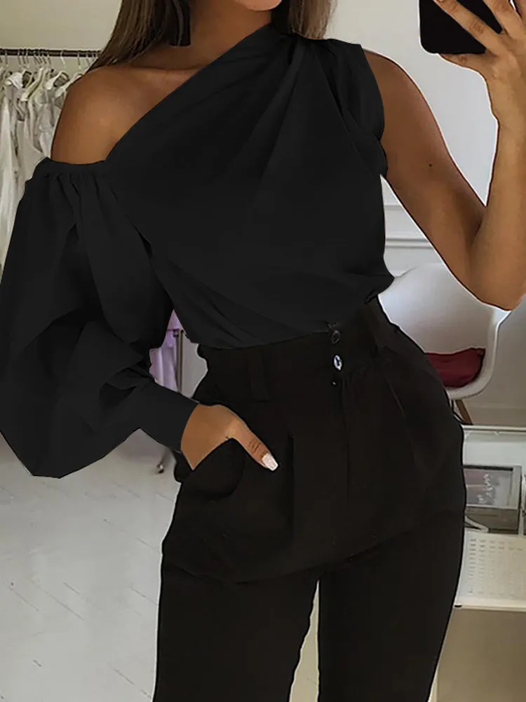 Casual Asymmetrical Shoulder Lantern Sleeve Solid Tops Shirts For Women