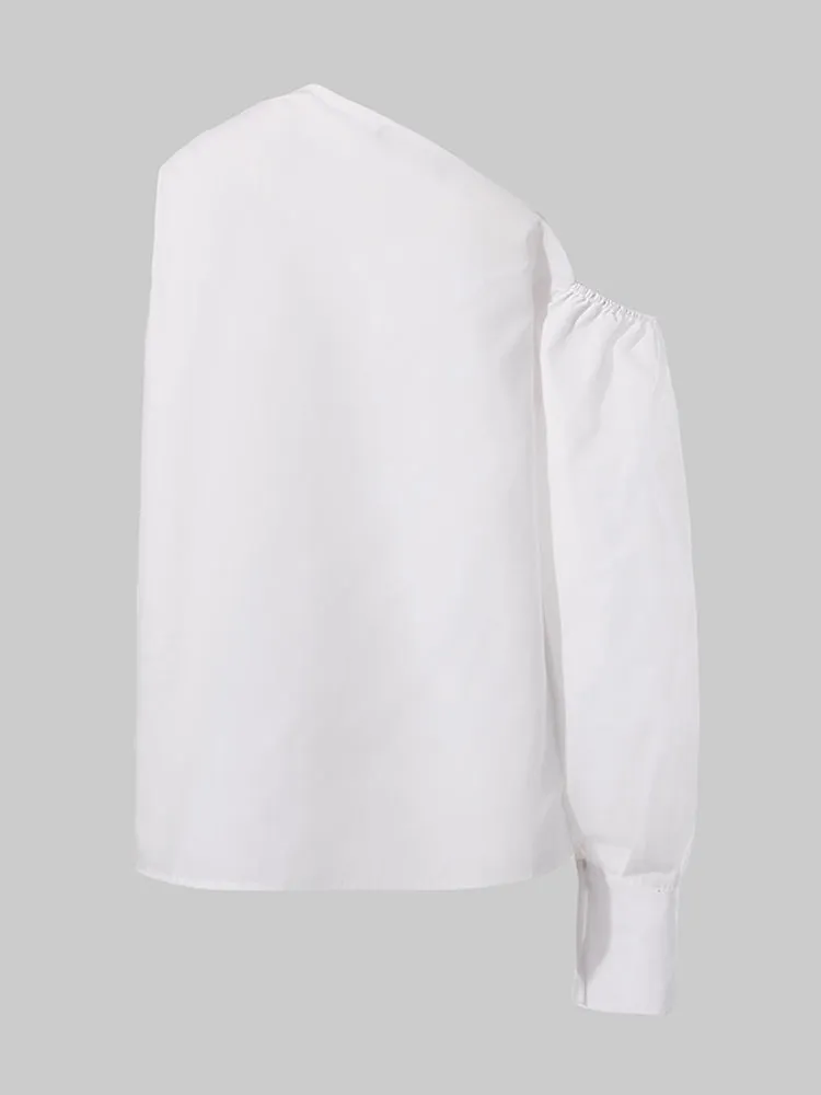 Casual Asymmetrical Shoulder Lantern Sleeve Solid Tops Shirts For Women