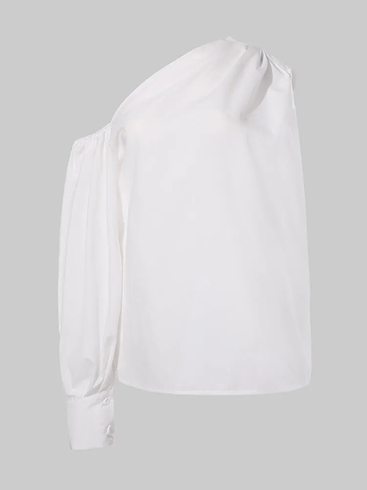 Casual Asymmetrical Shoulder Lantern Sleeve Solid Tops Shirts For Women