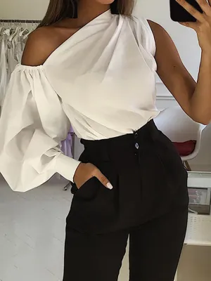 Casual Asymmetrical Shoulder Lantern Sleeve Solid Tops Shirts For Women