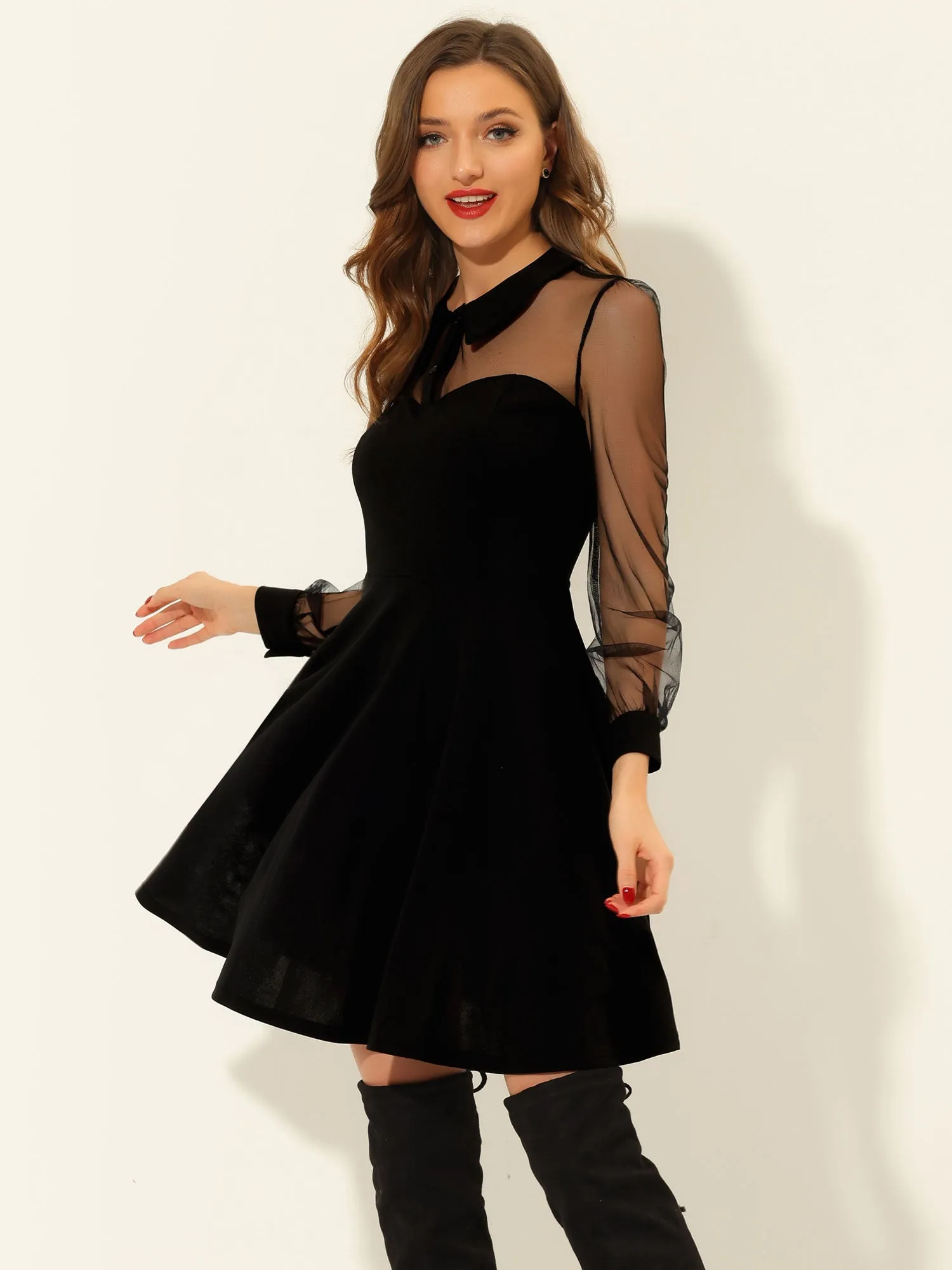 Cocktail Party Sheer Mesh Panel Long Sleeve Mini A-Line Dress