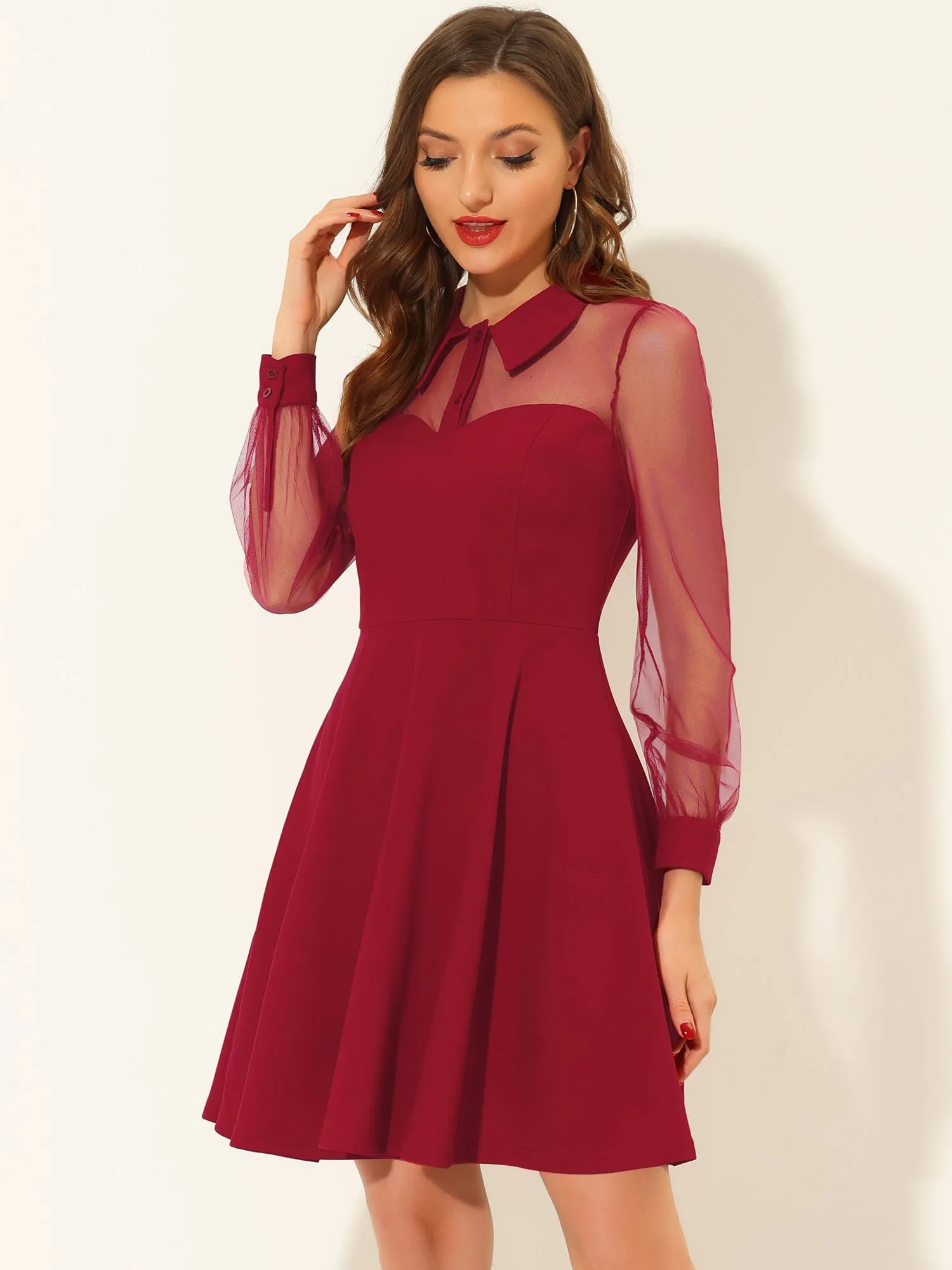 Cocktail Party Sheer Mesh Panel Long Sleeve Mini A-Line Dress