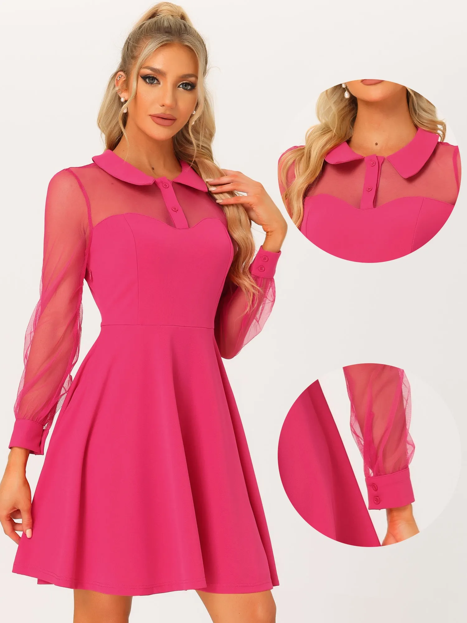 Cocktail Party Sheer Mesh Panel Long Sleeve Mini A-Line Dress