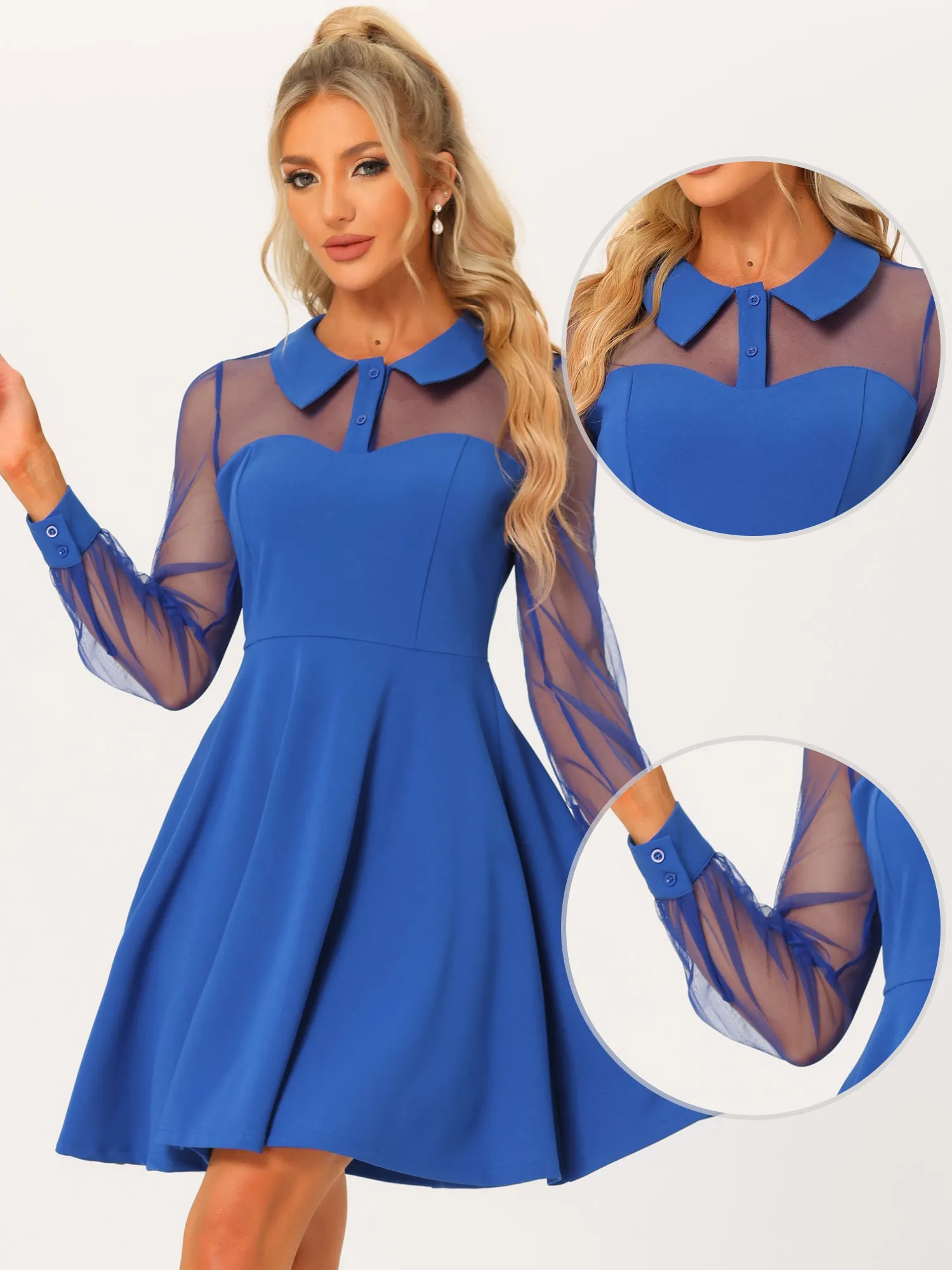 Cocktail Party Sheer Mesh Panel Long Sleeve Mini A-Line Dress