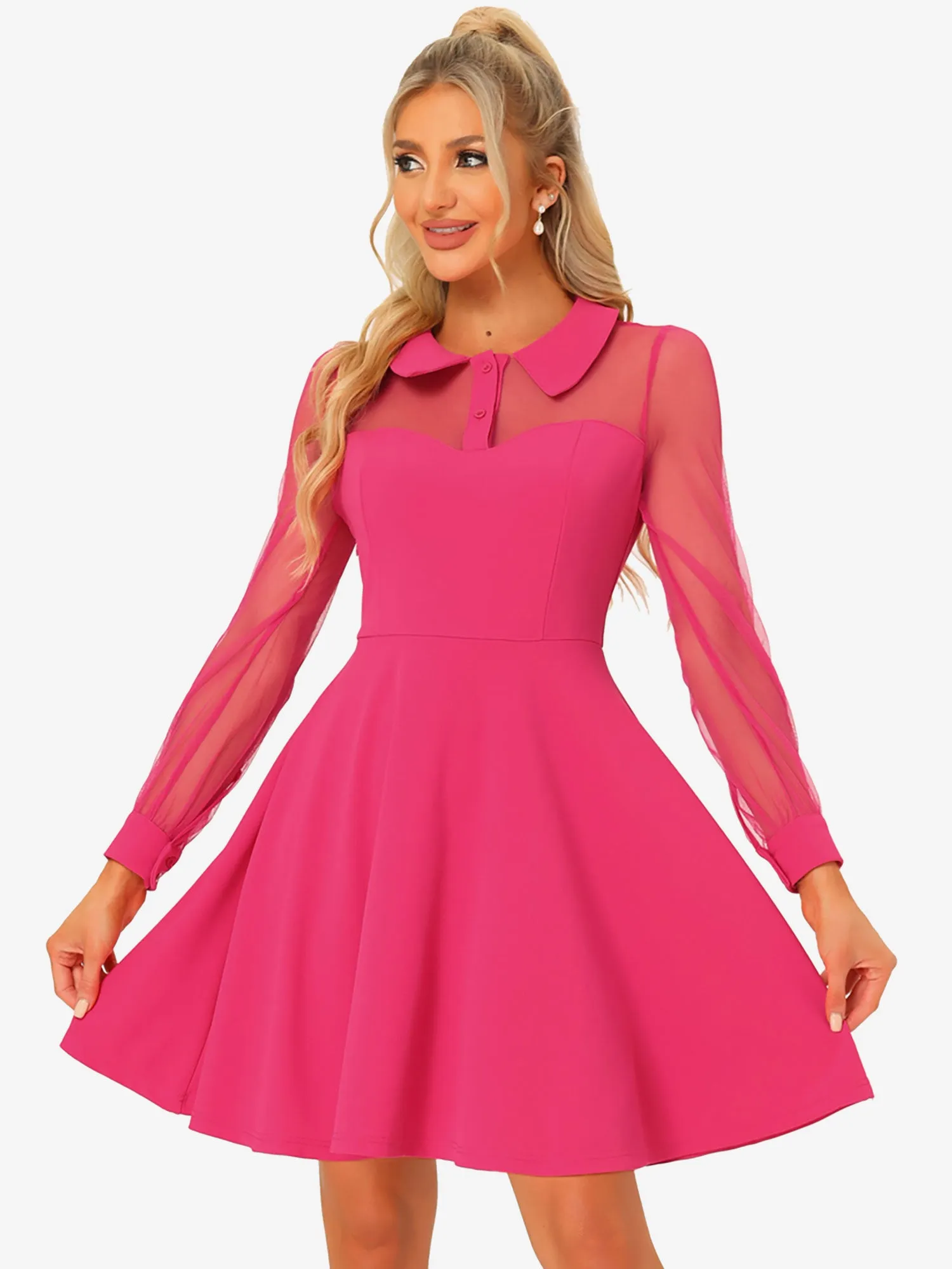 Cocktail Party Sheer Mesh Panel Long Sleeve Mini A-Line Dress