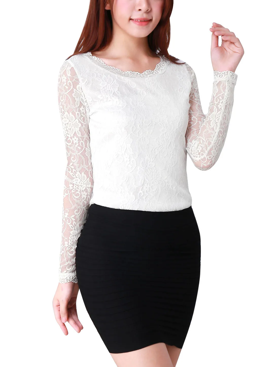 Crew Neck Sheer Long Sleeve Flower Embroidery Lace Blouse