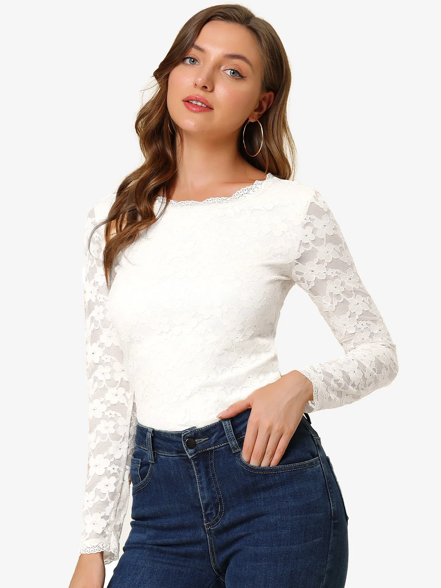 Crew Neck Sheer Long Sleeve Flower Embroidery Lace Blouse