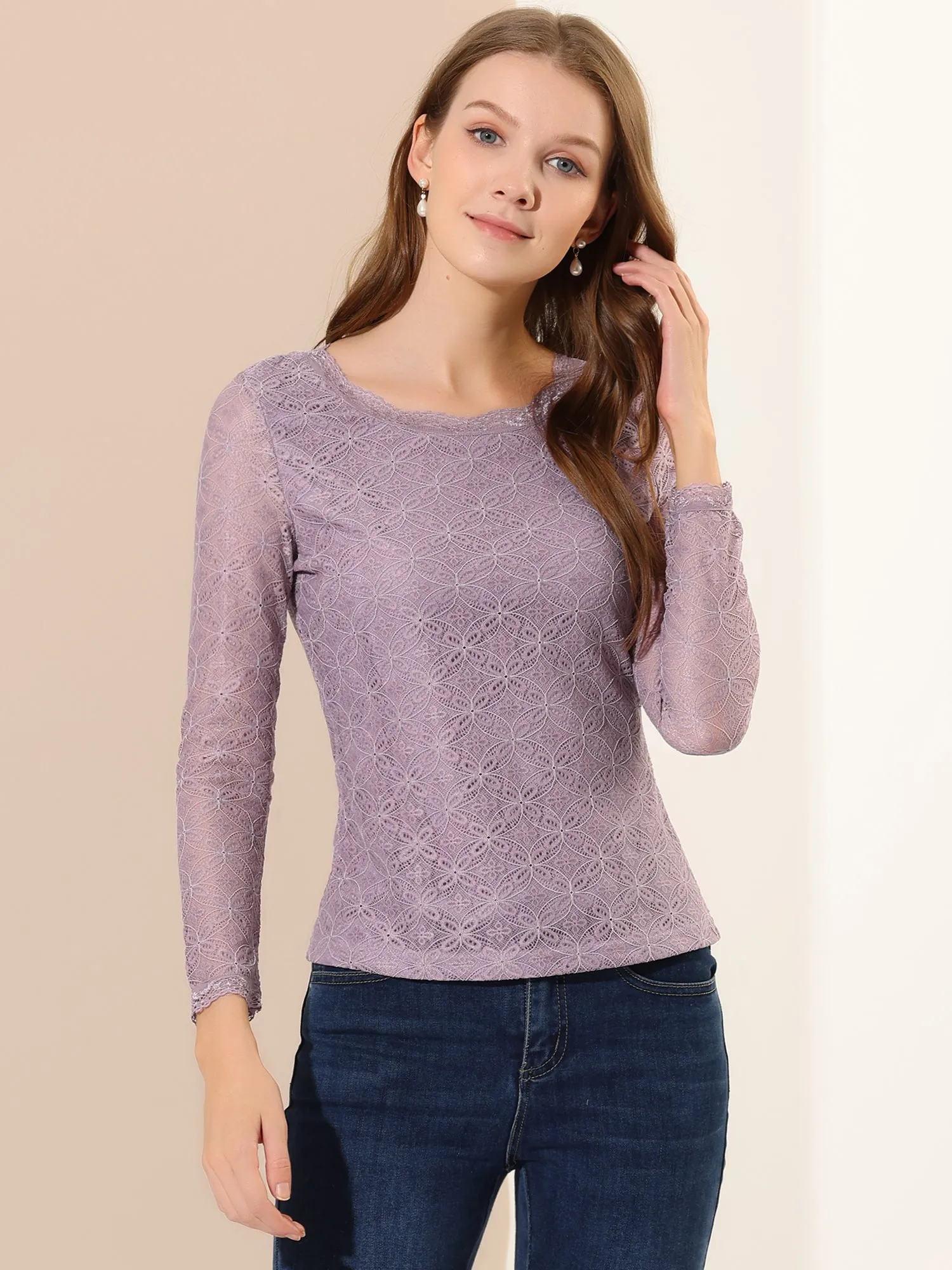 Crew Neck Sheer Long Sleeve Flower Embroidery Lace Blouse