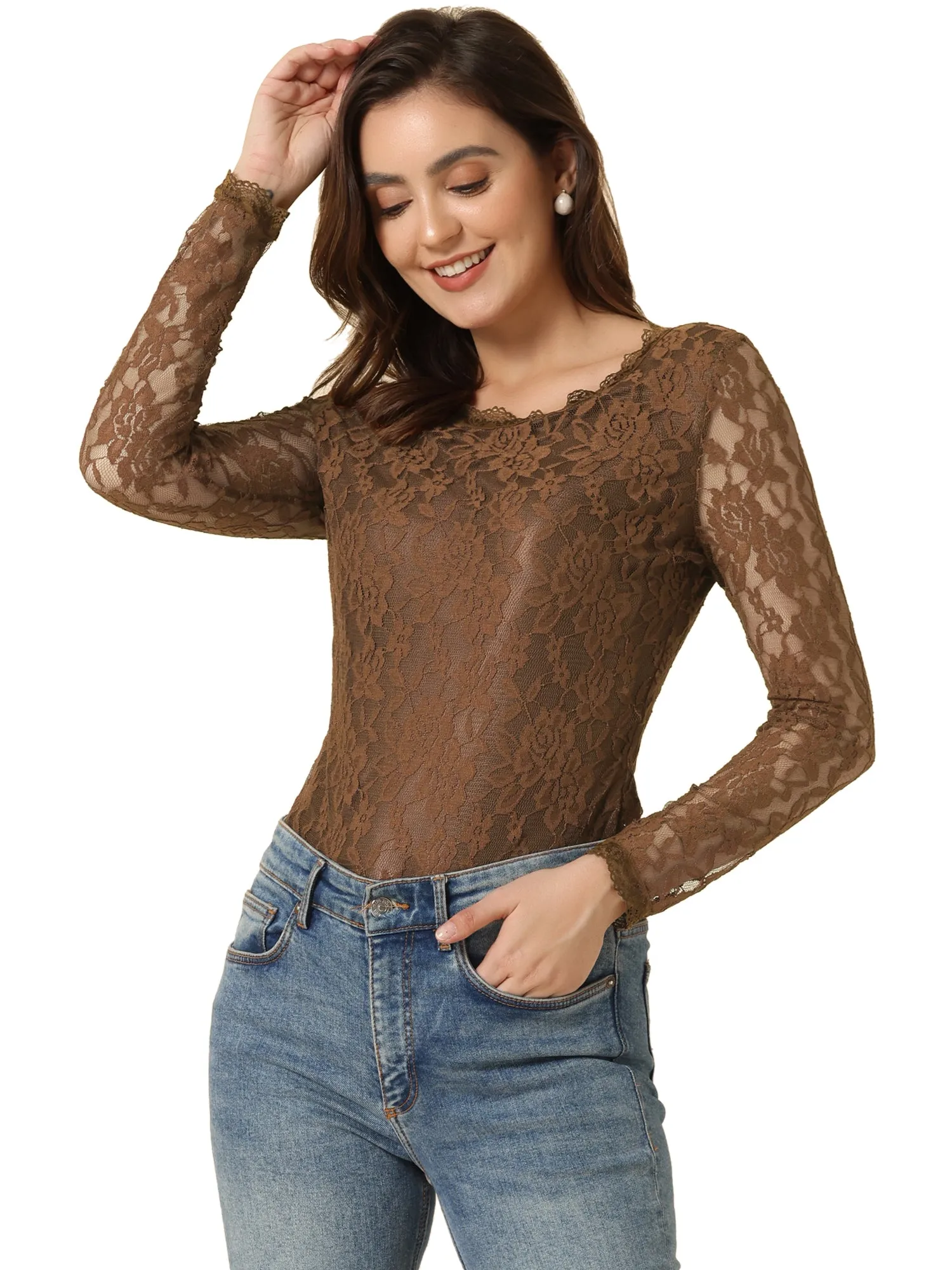 Crew Neck Sheer Long Sleeve Flower Embroidery Lace Blouse