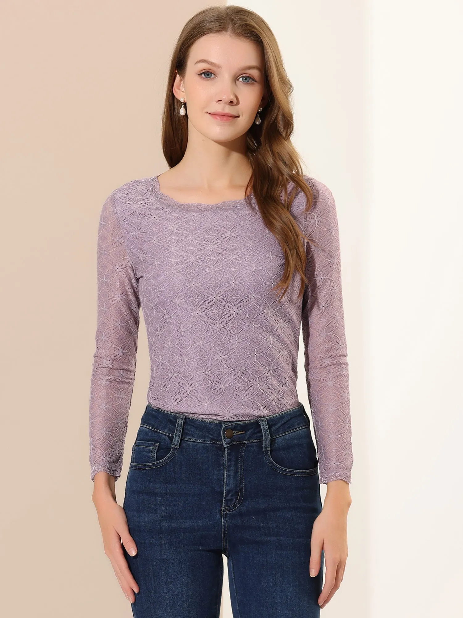 Crew Neck Sheer Long Sleeve Flower Embroidery Lace Blouse