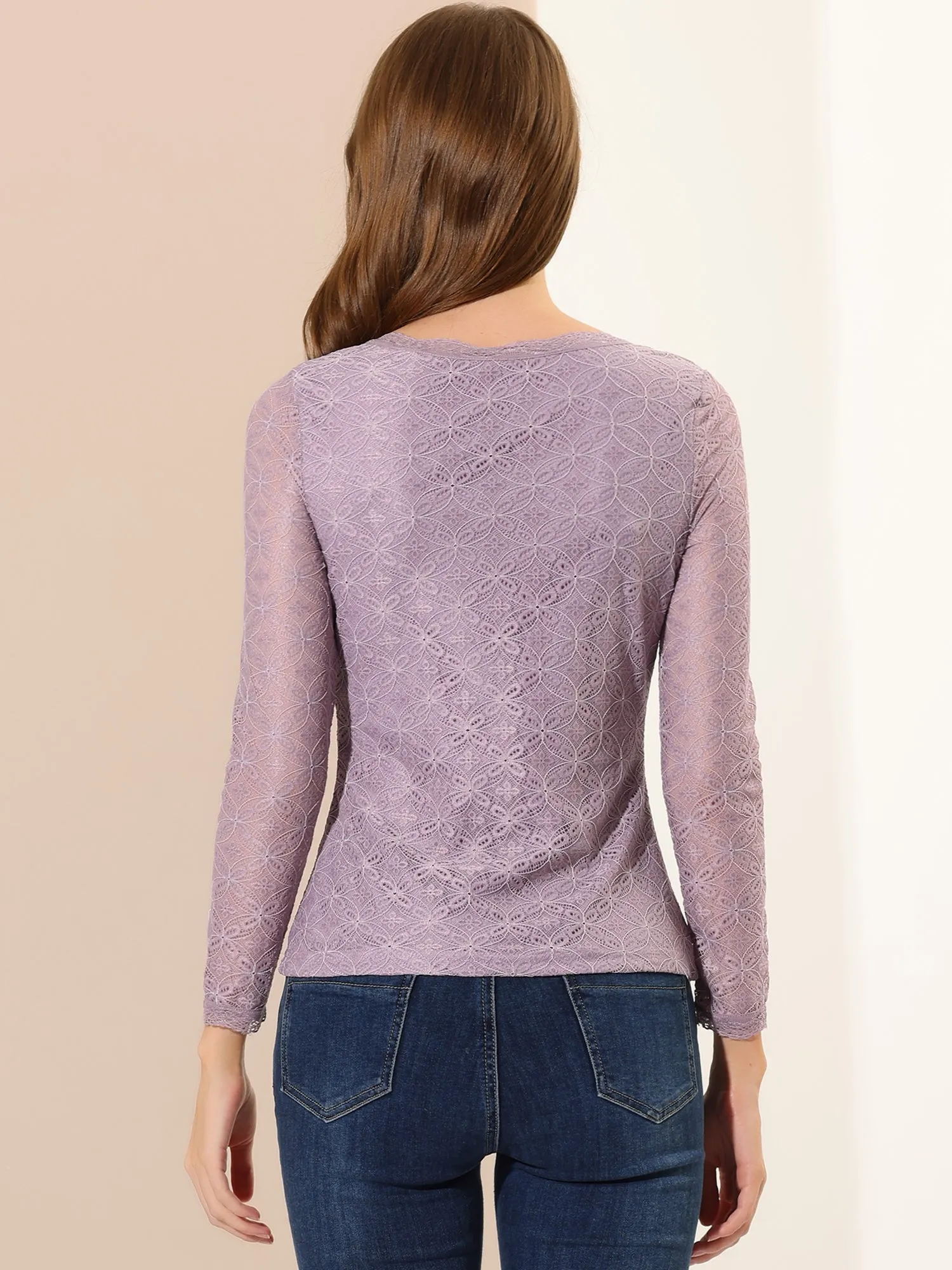 Crew Neck Sheer Long Sleeve Flower Embroidery Lace Blouse