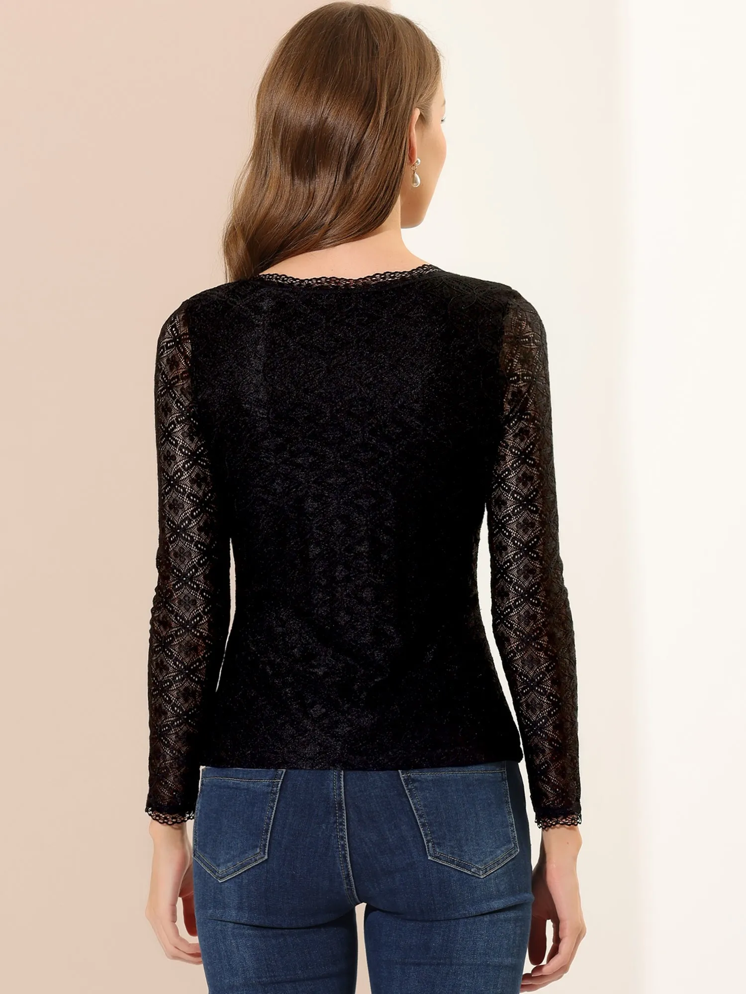 Crew Neck Sheer Long Sleeve Flower Embroidery Lace Blouse