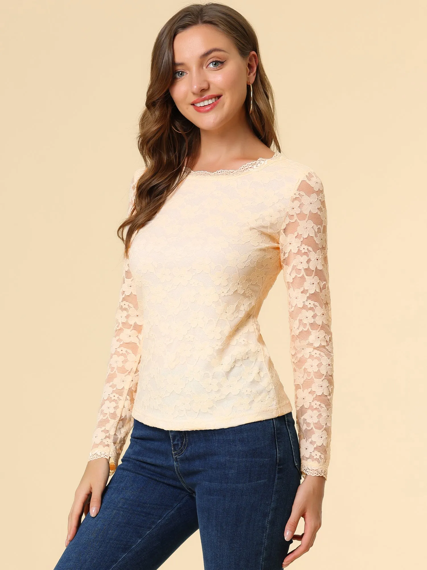 Crew Neck Sheer Long Sleeve Flower Embroidery Lace Blouse