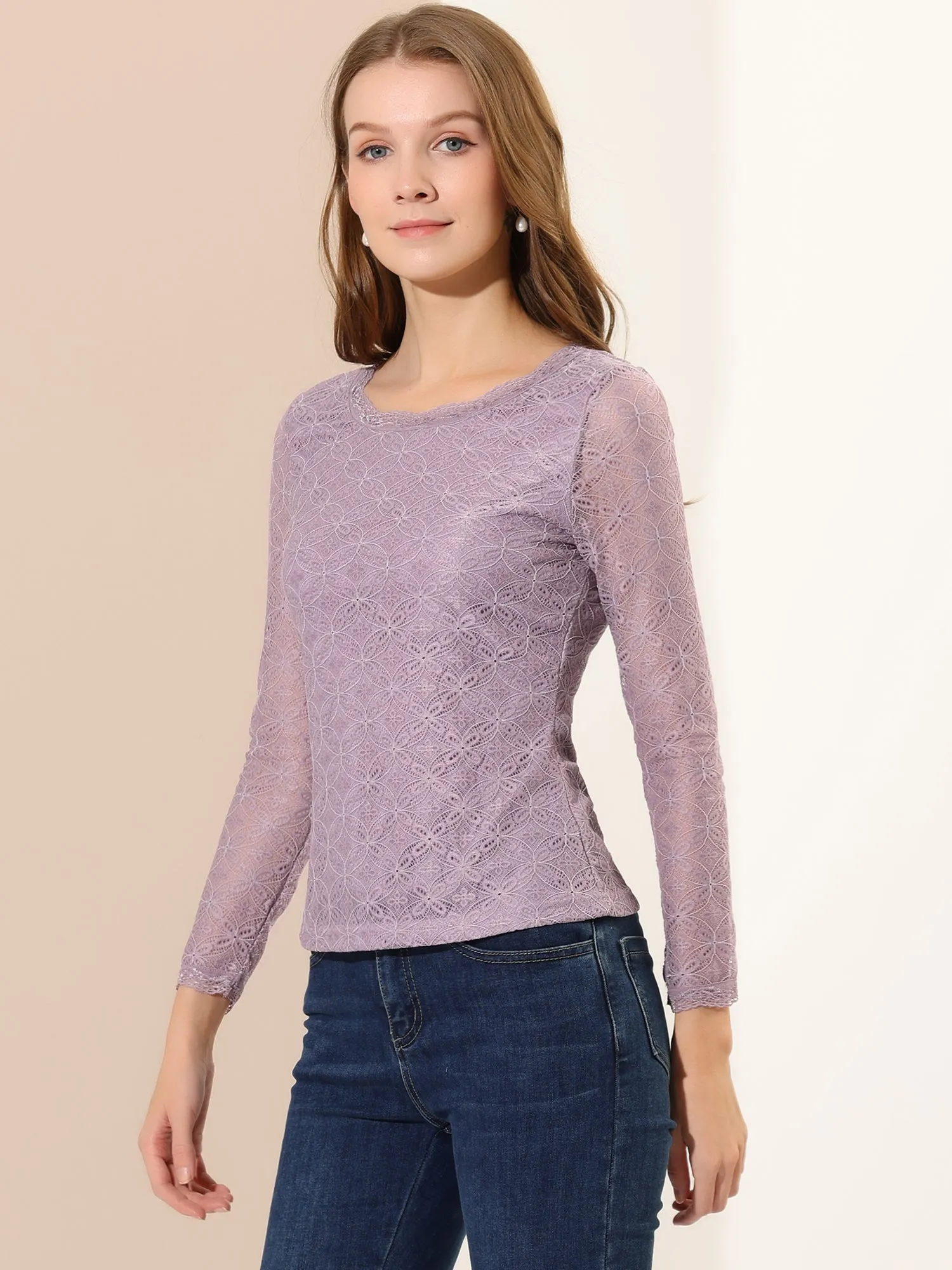 Crew Neck Sheer Long Sleeve Flower Embroidery Lace Blouse